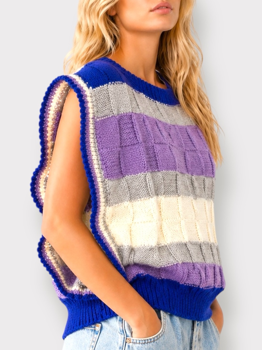 Vintage Hand Knit Basketweave Sweater Vest Purple Colourblock